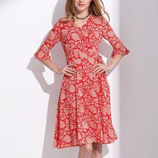 Bell-sleeve Floral Print Chiffon A-line V-neck Sheath Dress