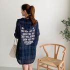 Hooded Letter-printed Checked Long Shirt