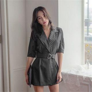 Collared Buckled-waist Striped Playsuit