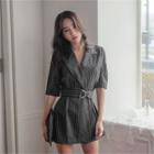 Collared Buckled-waist Striped Playsuit