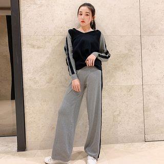 Set: Stripe-side Knit Hoodie + Knit Wide Leg Pants
