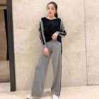 Set: Stripe-side Knit Hoodie + Knit Wide Leg Pants