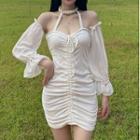 Detachable-sleeve Strappy Drawstring Mini Bodycon Dress