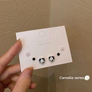 Set Of 3 Pairs: Stud Earring Set - Black & White - One Size