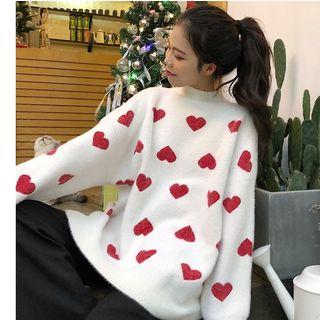 Heart Print Mock-neck Oversize Sweater