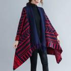 Patterned Cape Cardigan Red & Navy Blue - One Size