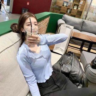Long-sleeve Crop Top Blue - One Size