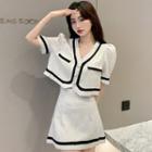 Set: Short-sleeve Contrast Trim Button-up Cropped Jacket + Mini A-line Skirt