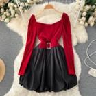 Square-neck Velvet Long-sleeve Panel Puff Dress