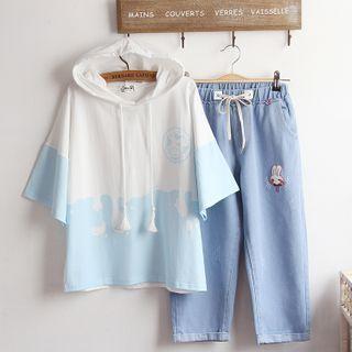 Elbow-sleeve Two Tone Hoodie / Wide-leg Jeans / Set