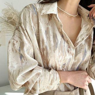 Wide-cuff Patterned Blouse Beige - One Size