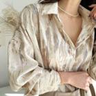 Wide-cuff Patterned Blouse Beige - One Size