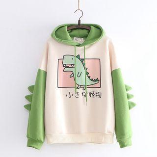 Two-tone Cartoon Dinosaur Print Hoodie Beige & Green - One Size
