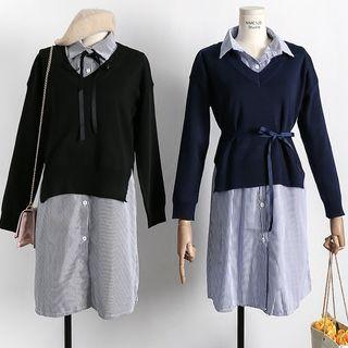 Set: Knit Top + Striped Shirtdress With Tie