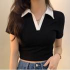 Short-sleeve Polo Collar V-neck Cropped Top