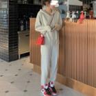 Set: Long Sleeve Slit Hoodie + Elastic Waist Plain Pants