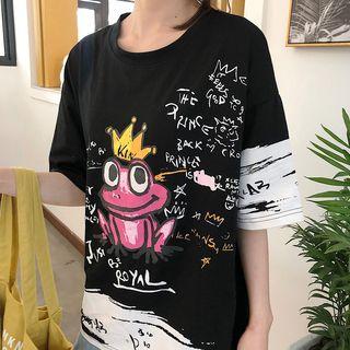 Elbow-sleeve Cartoon Frog Printed T-shirt