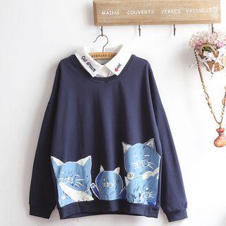 Mock Two-piece Long-sleeve Cat Print Top