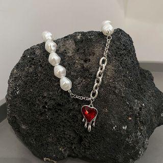 Melting Heart Pendant Faux Pearl Alloy Necklace Xl1432 - Silver - One Size