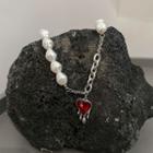 Melting Heart Pendant Faux Pearl Alloy Necklace Xl1432 - Silver - One Size