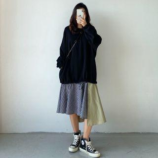 Mock Two-piece Striped Panel Asymmetrical Midi Sweatshirt Dress