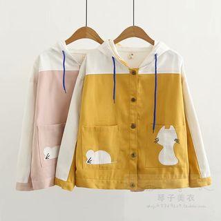 Color Block Cat Print Hooded Jacket