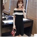 Short-sleeve Off-shoulder Layered Paneled A-line Dress
