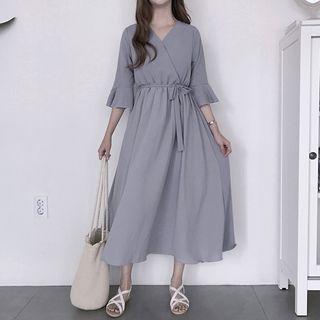 3/4-sleeve Midi A-line Wrap Dress