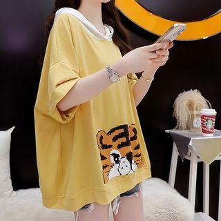 Short-sleeve Hood Cat Applique T-shirt