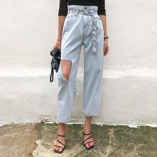 Belted Ripped Washed Jogger Jeans