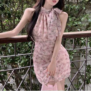 Sleeveless Tie-neck Floral Mini Sheath Dress