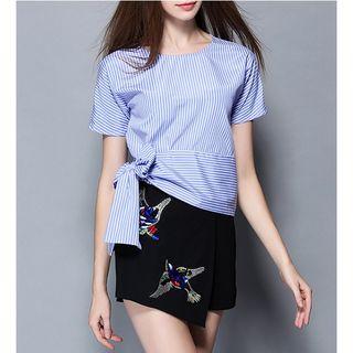 Set: Short-sleeve Striped Top + Embroidery Skirt