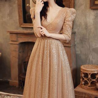 Elbow-sleeve V-neck Sequin A-line Evening Gown