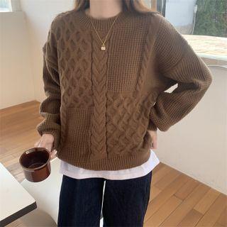 Round-neck Plain Linen Flower Long-sleeve Knit Top