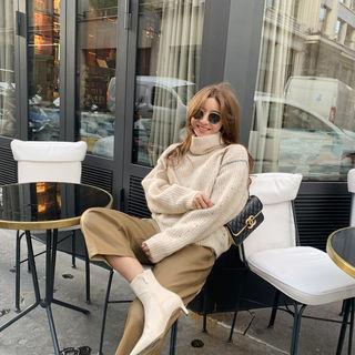 Turtleneck Pointelle Woolen Sweater Beige - One Size