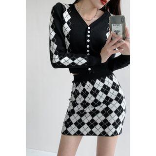 Set: Argyle Button-up Knit Top + Mini Skirt