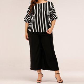 Set: Short-sleeve Striped Top + Cropped Wide Leg Pants
