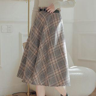 Mock-neck Ribbed Knit Top / Plaid Midi A-line Skirt