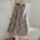 Mock-neck Ribbed Knit Top / Plaid Midi A-line Skirt