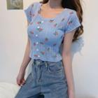 Short-sleeve Floral Open Knit Cropped Top