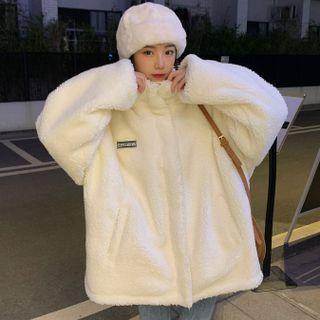 High-neck Long-sleeve Plain Faux Wool Jacket