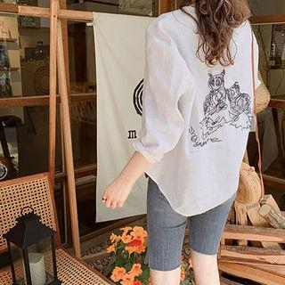 Zip-up Embroidered-back Linen Jacket