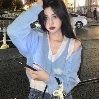 Set: Cloud Print Cardigan + Sleeveless Knit Top Set - Blue - One Size