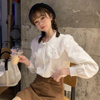 Long-sleeve Lace Ruffle Shirt White - One Size