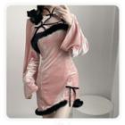 Spaghetti Strap Mini Bodycon Dress / Mandarin Collar Crop Top