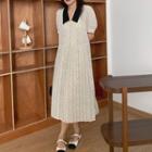 Puff Sleeve Contrast Collar Dotted Print Chiffon Shirtdress