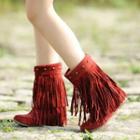 Faux Suede Studded Double-fringes Hidden Wedge Ankle Boots