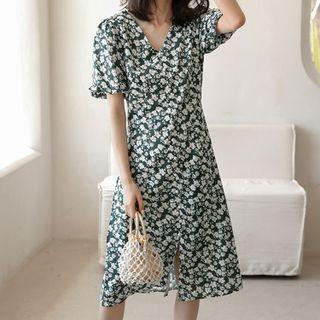 Short-sleeve V-neck Floral Split Midi Dress