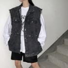 Sleeveless Frayed Denim Jacket Dark Gray - One Size