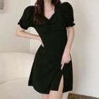 Puff-sleeve Plain Slit A-line Dress